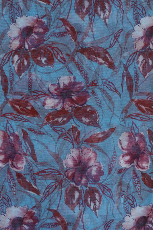 AIzaSyBcstauz-XMPRhEY21AUzeo032pxrXB5Ug - Brown Floral Digital Print On Light Blue Organza Fabric