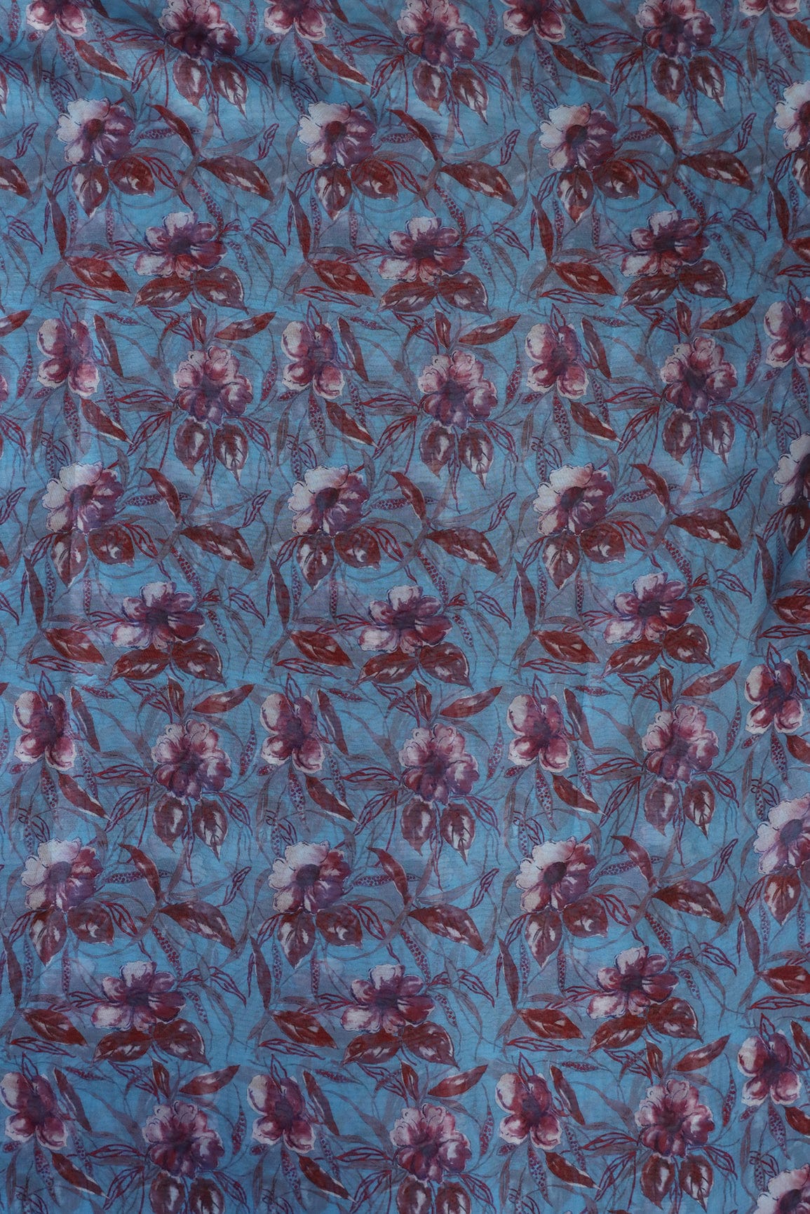 AIzaSyBcstauz-XMPRhEY21AUzeo032pxrXB5Ug - Brown Floral Digital Print On Light Blue Organza Fabric