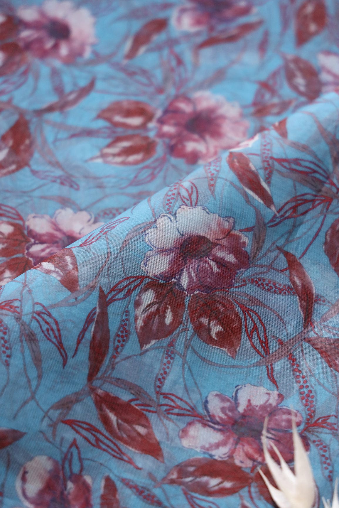 AIzaSyBcstauz-XMPRhEY21AUzeo032pxrXB5Ug - Brown Floral Digital Print On Light Blue Organza Fabric