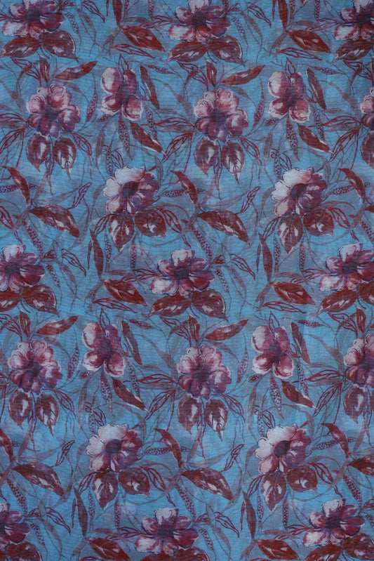 AIzaSyBcstauz-XMPRhEY21AUzeo032pxrXB5Ug - Brown Floral Digital Print On Light Blue Organza Fabric