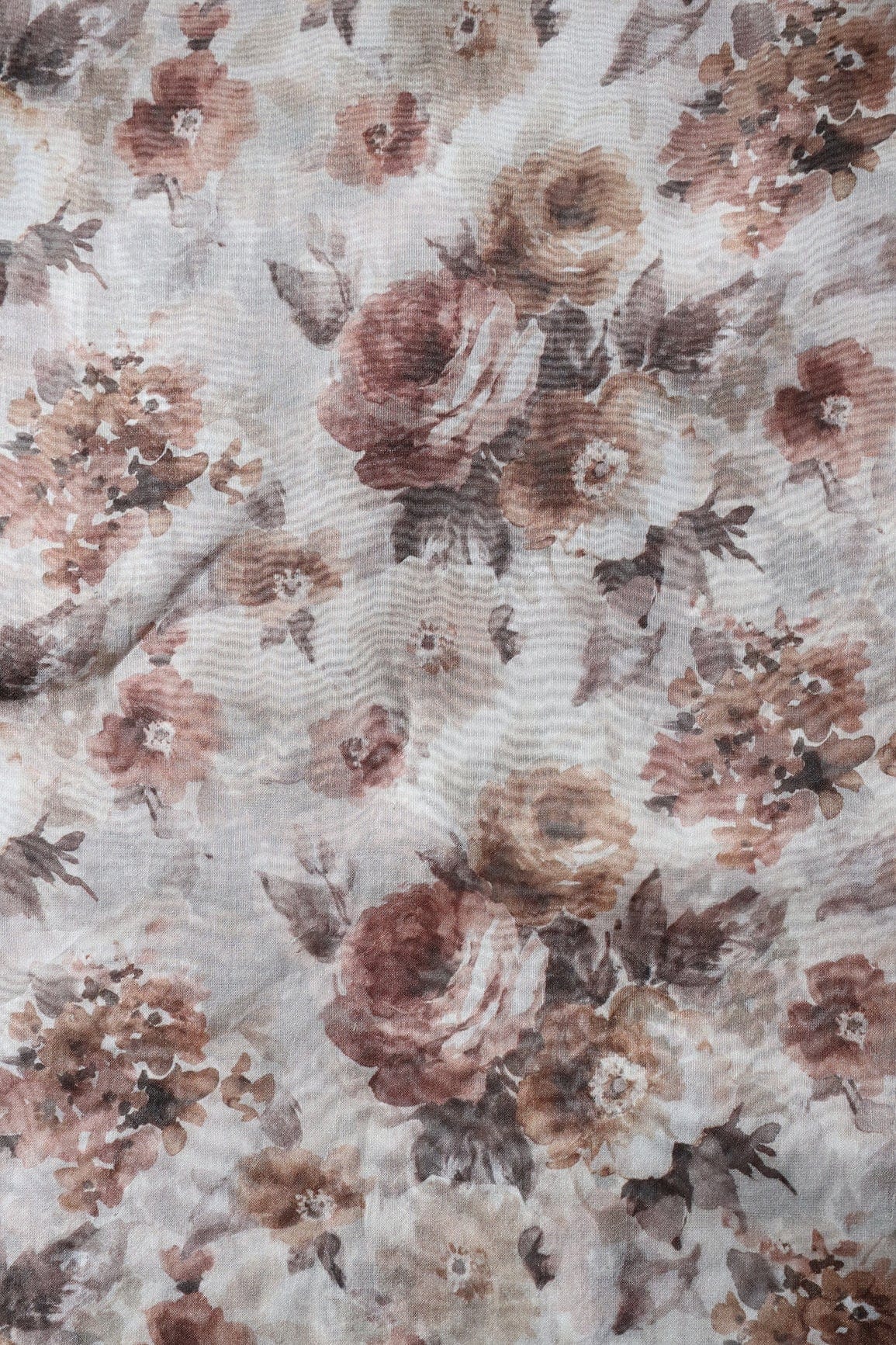 AIzaSyBcstauz-XMPRhEY21AUzeo032pxrXB5Ug - Brown Floral Digital Print On White Organza Fabric
