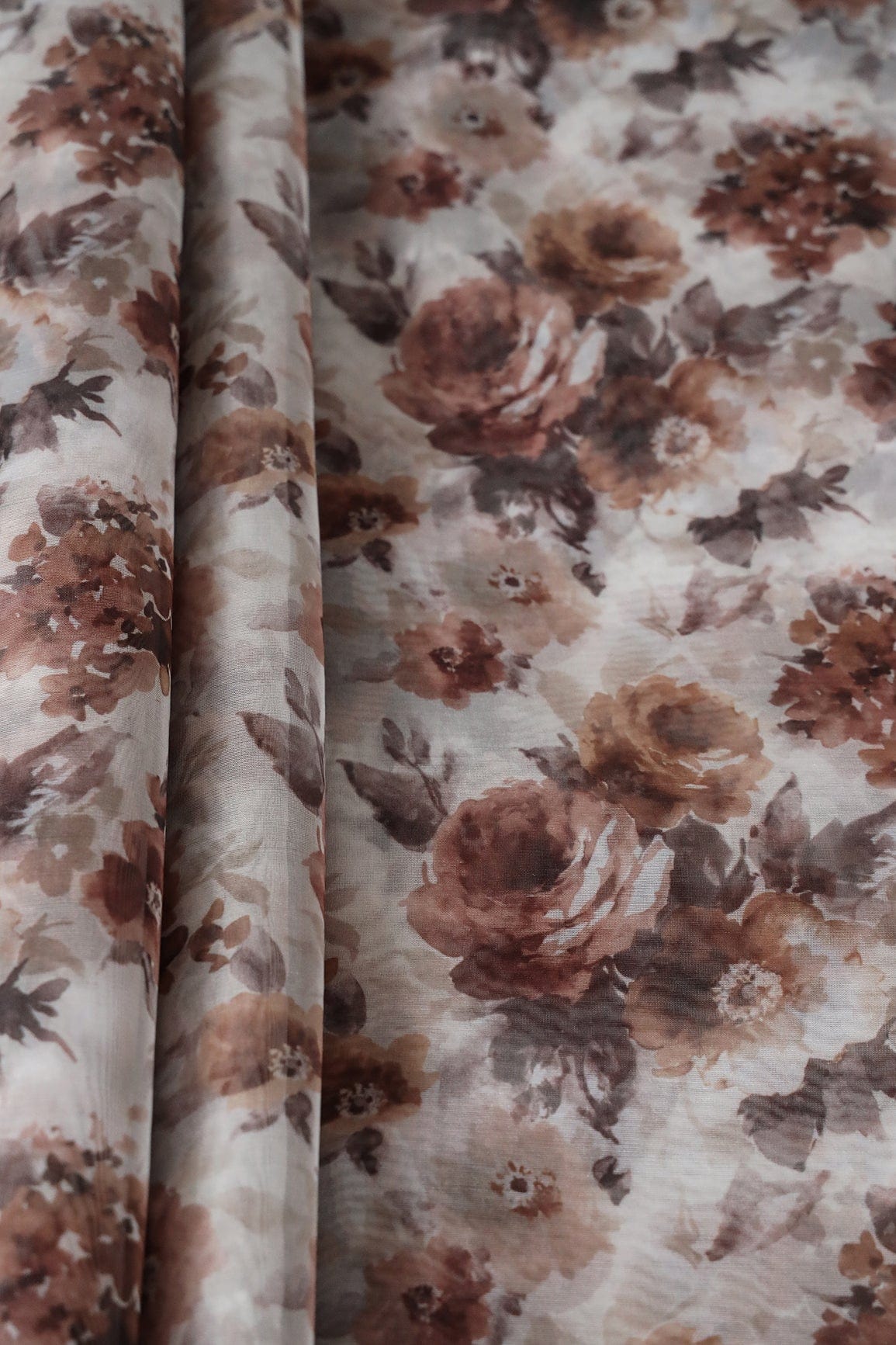 AIzaSyBcstauz-XMPRhEY21AUzeo032pxrXB5Ug - Brown Floral Digital Print On White Organza Fabric