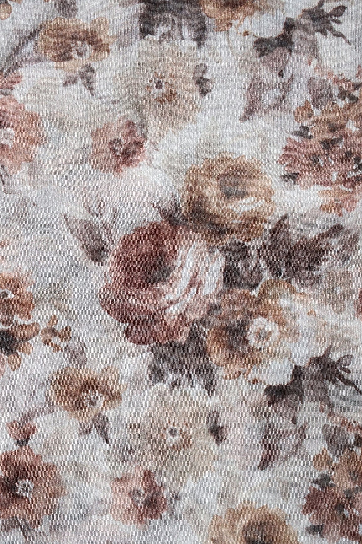 AIzaSyBcstauz-XMPRhEY21AUzeo032pxrXB5Ug - Brown Floral Digital Print On White Organza Fabric