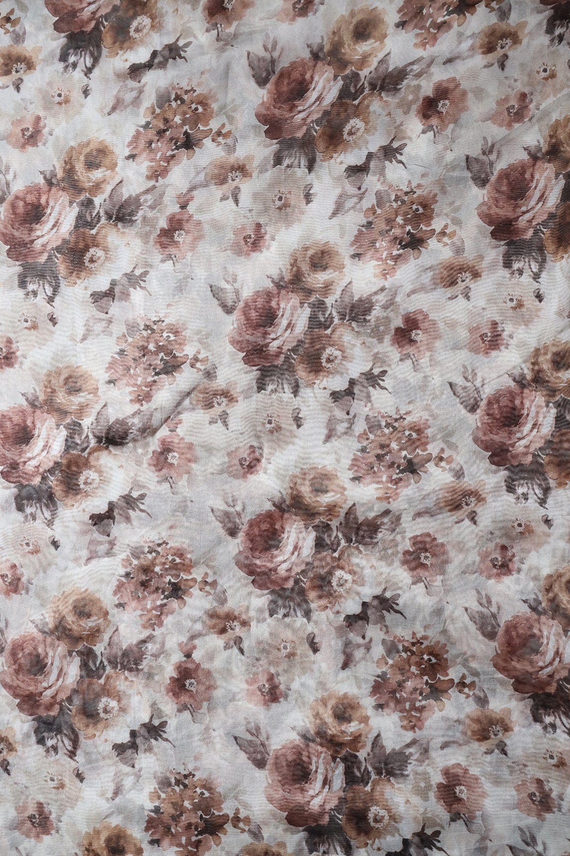 AIzaSyBcstauz-XMPRhEY21AUzeo032pxrXB5Ug - Brown Floral Digital Print On White Organza Fabric