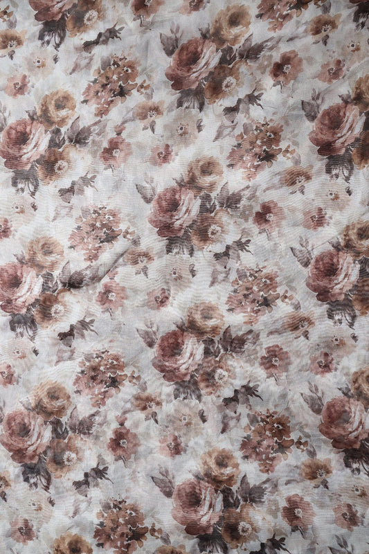 AIzaSyBcstauz-XMPRhEY21AUzeo032pxrXB5Ug - Brown Floral Digital Print On White Organza Fabric