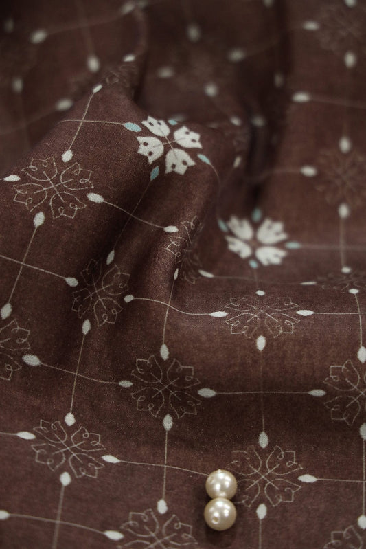 AIzaSyBcstauz-XMPRhEY21AUzeo032pxrXB5Ug - Brown Floral Geometric Digital Print on Tussar Satin Fabric