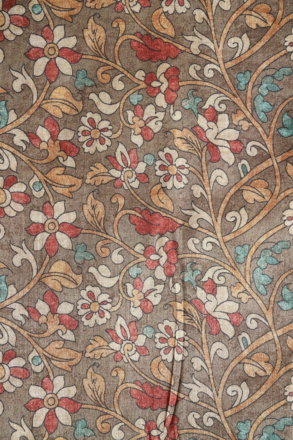 AIzaSyBcstauz-XMPRhEY21AUzeo032pxrXB5Ug - Brown Floral Pattern Digital Print On Mulberry Silk Fabric