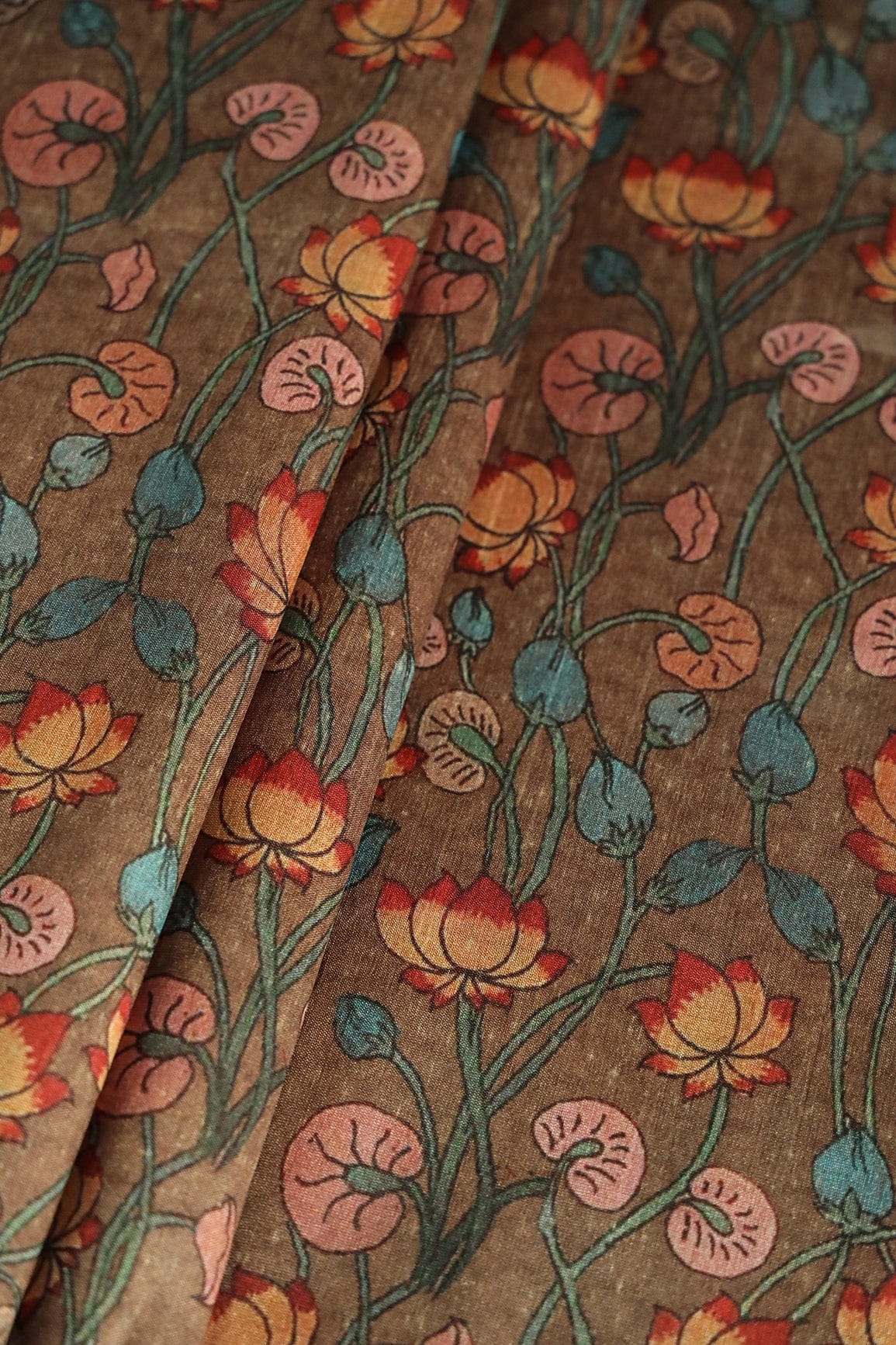 AIzaSyBcstauz-XMPRhEY21AUzeo032pxrXB5Ug - Brown Floral Pattern Digital Print On Mulberry Silk Fabric