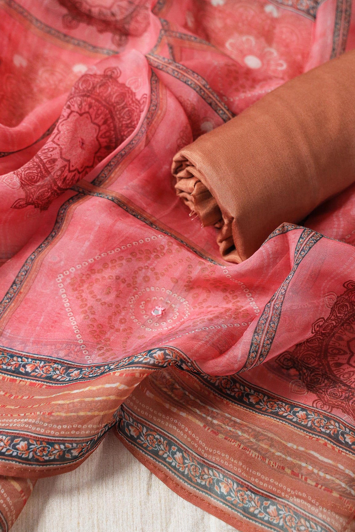 AIzaSyBcstauz-XMPRhEY21AUzeo032pxrXB5Ug - Brown Semi Stitched Pure Crepe Silk Suit Set (3 piece)