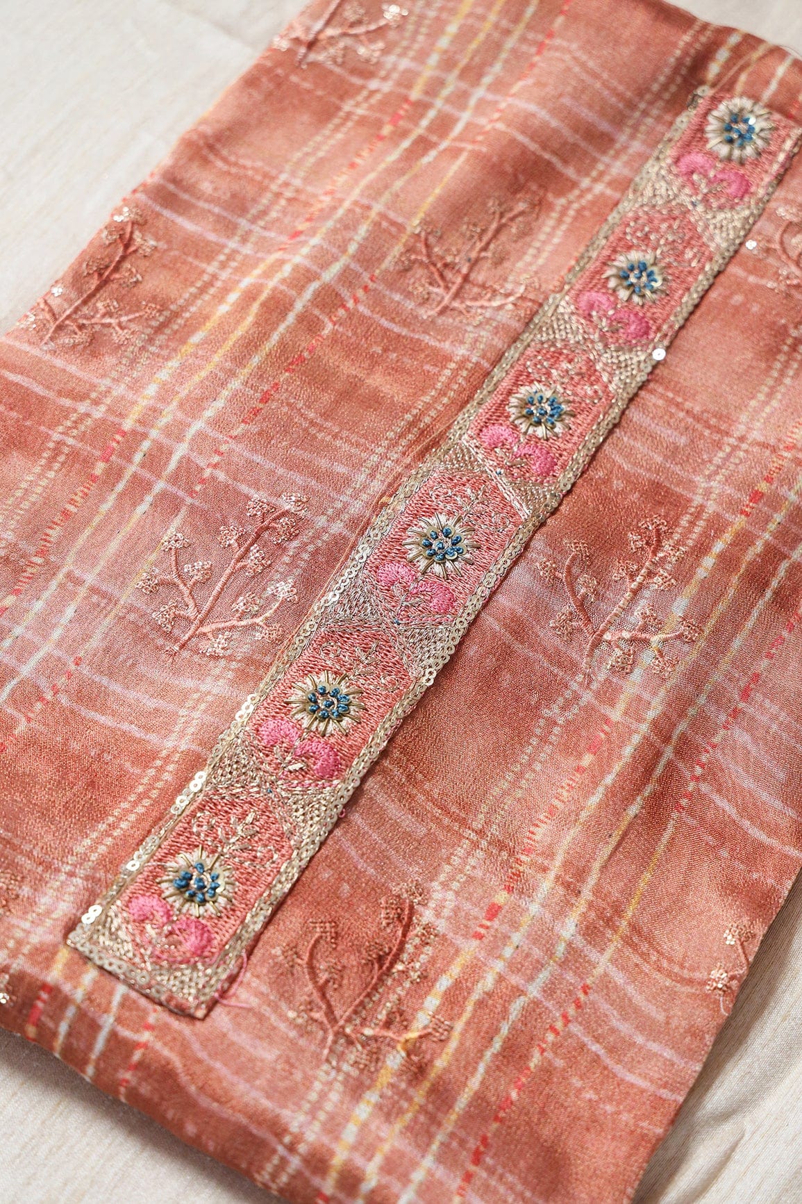 AIzaSyBcstauz-XMPRhEY21AUzeo032pxrXB5Ug - Brown Semi Stitched Pure Crepe Silk Suit Set (3 piece)