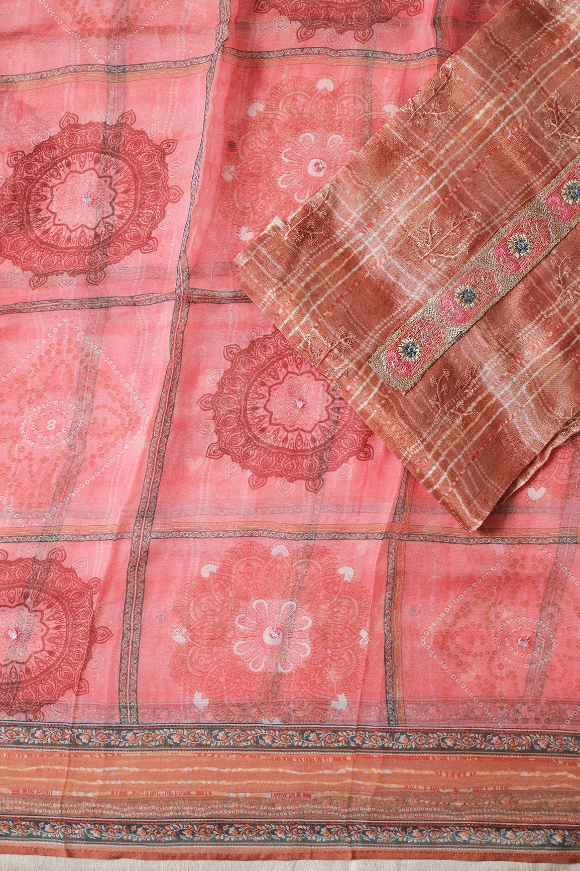 AIzaSyBcstauz-XMPRhEY21AUzeo032pxrXB5Ug - Brown Semi Stitched Pure Crepe Silk Suit Set (3 piece)