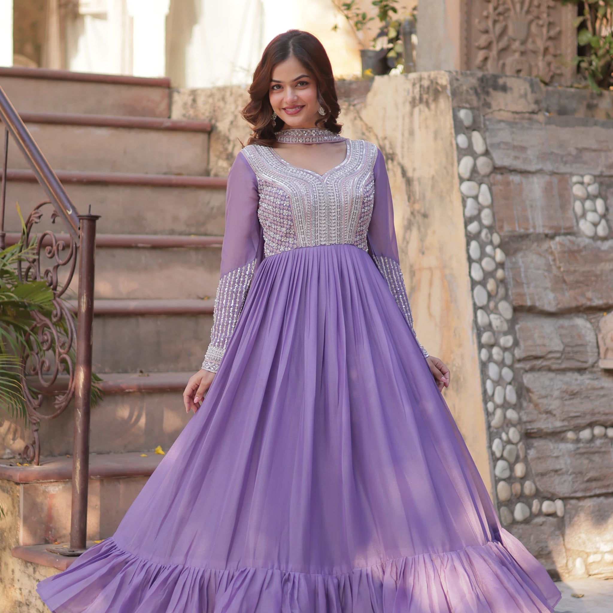 Arresting Georgette with Embroidery Sequins-work Gown
