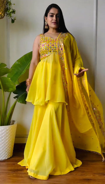 Haldi Special Foux Georgette Top ,Palazzo With Dupatta