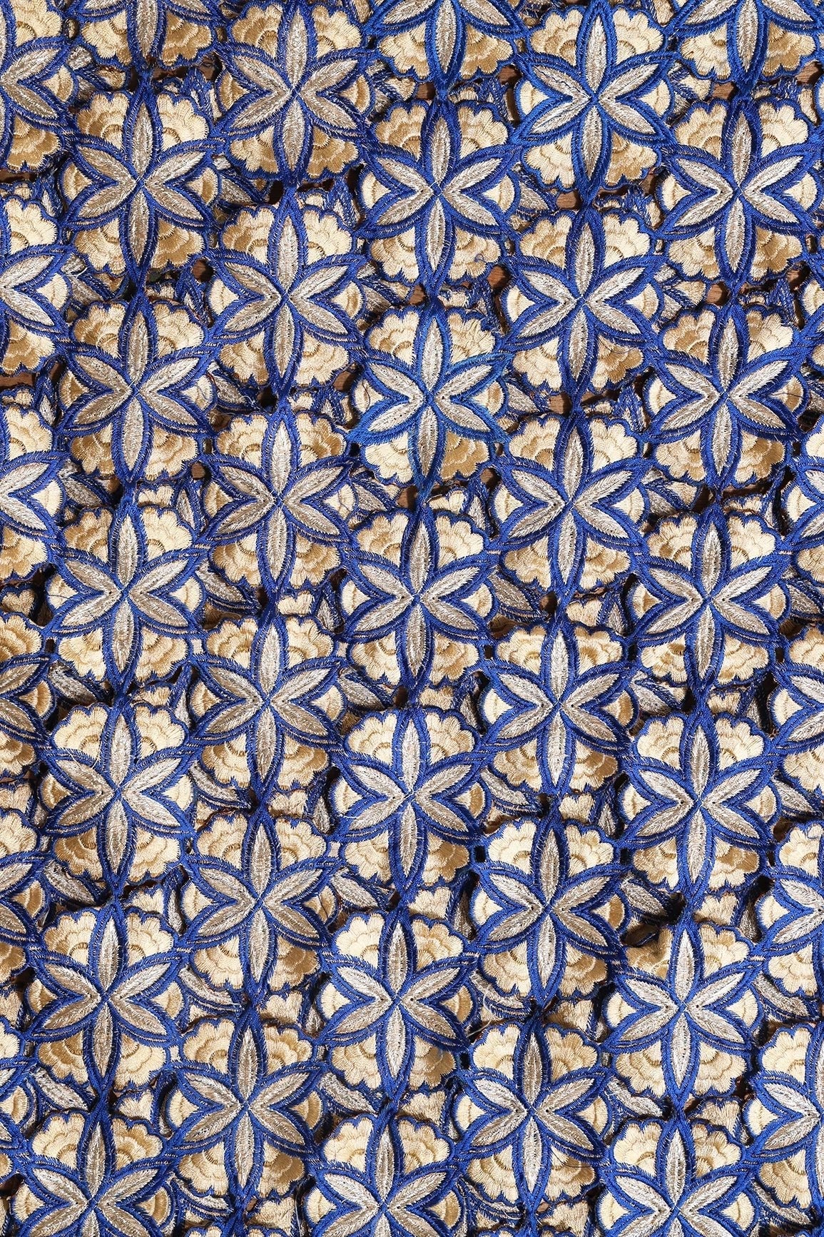 AIzaSyBcstauz-XMPRhEY21AUzeo032pxrXB5Ug - Cream And Blue Thread Floral Embroidery Royal Blue Cut Work Fabric