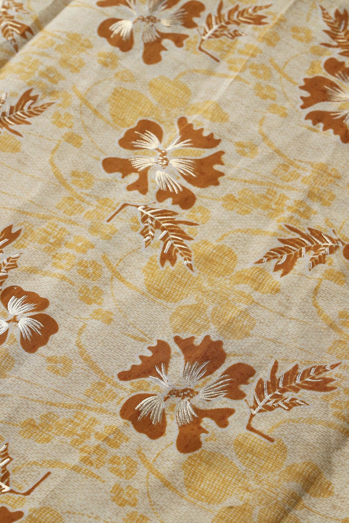 AIzaSyBcstauz-XMPRhEY21AUzeo032pxrXB5Ug - Cream And Light Brown Floral Foil Print On Viscose Chanderi Silk Fabric