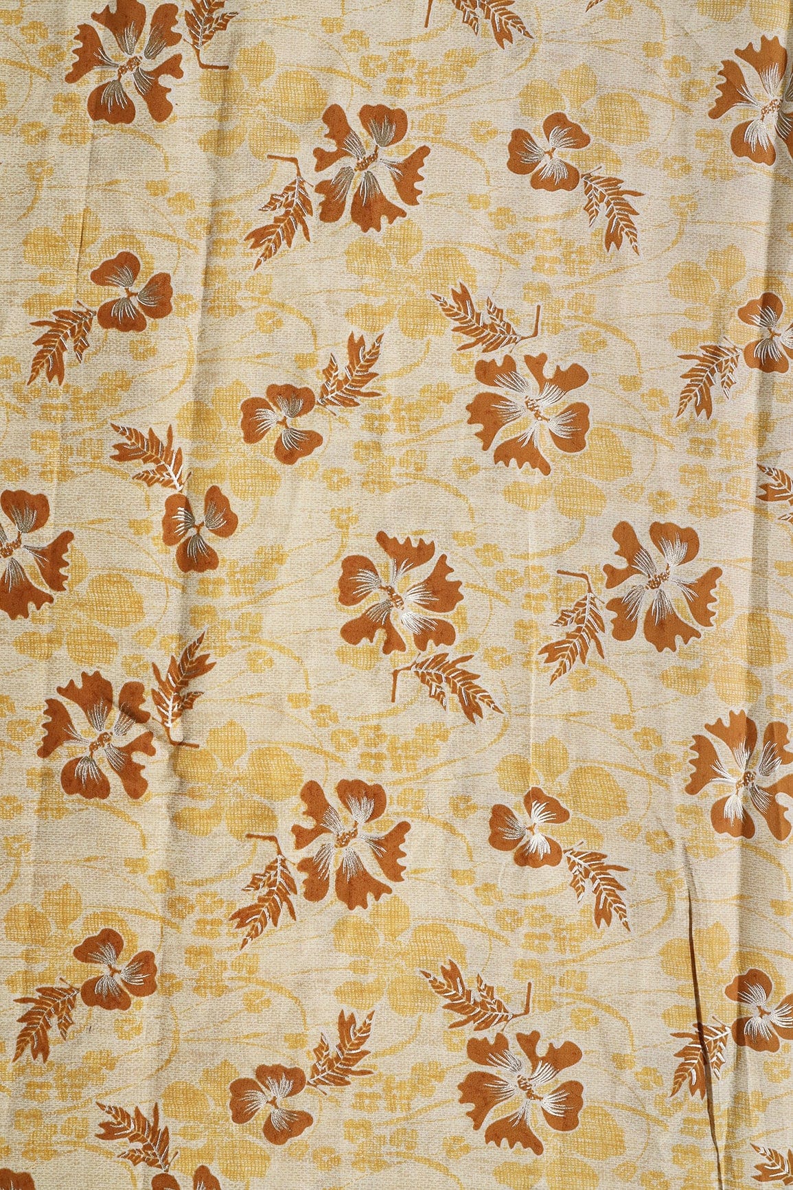 AIzaSyBcstauz-XMPRhEY21AUzeo032pxrXB5Ug - Cream And Light Brown Floral Foil Print On Viscose Chanderi Silk Fabric