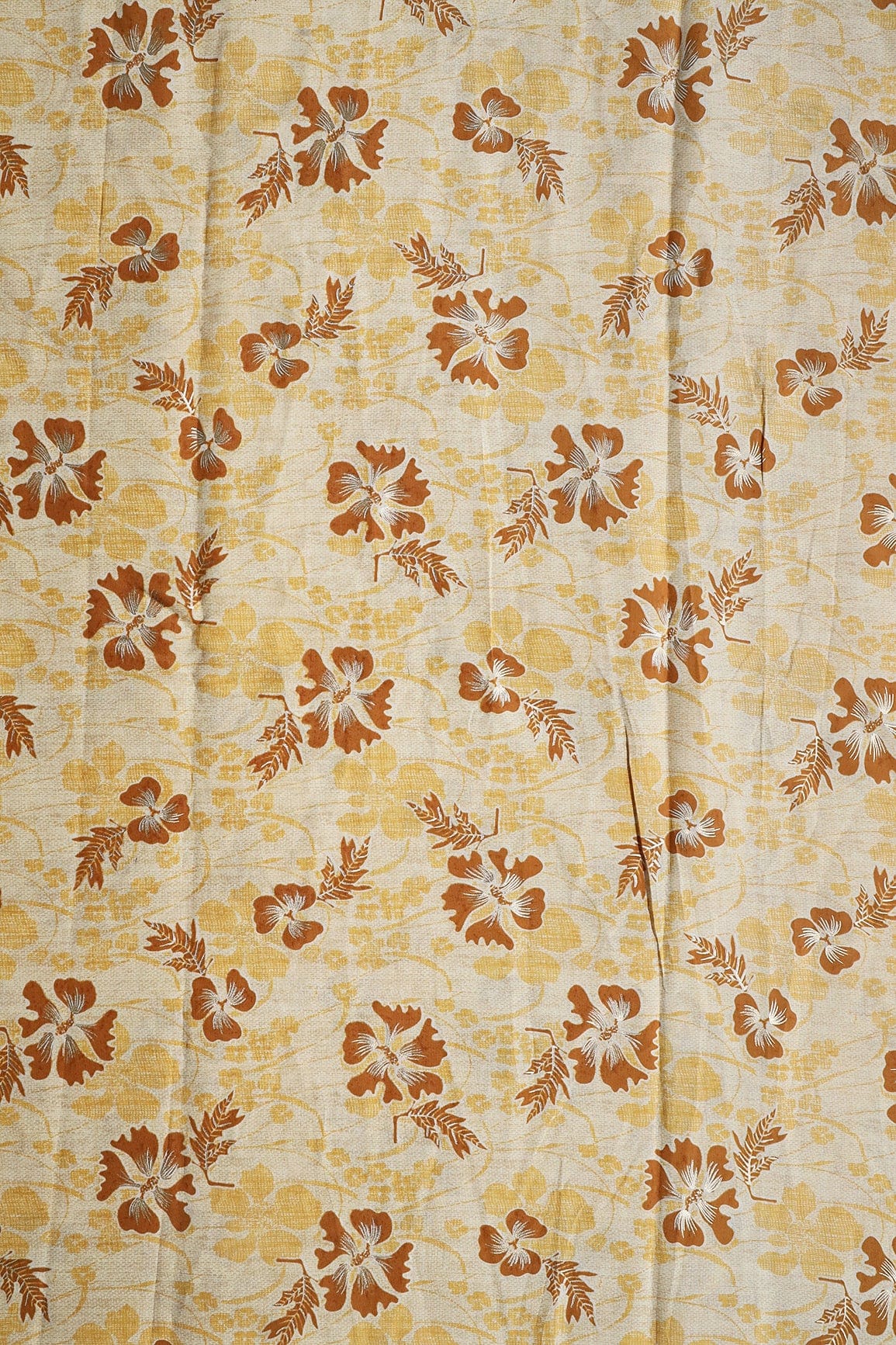 AIzaSyBcstauz-XMPRhEY21AUzeo032pxrXB5Ug - Cream And Light Brown Floral Foil Print On Viscose Chanderi Silk Fabric