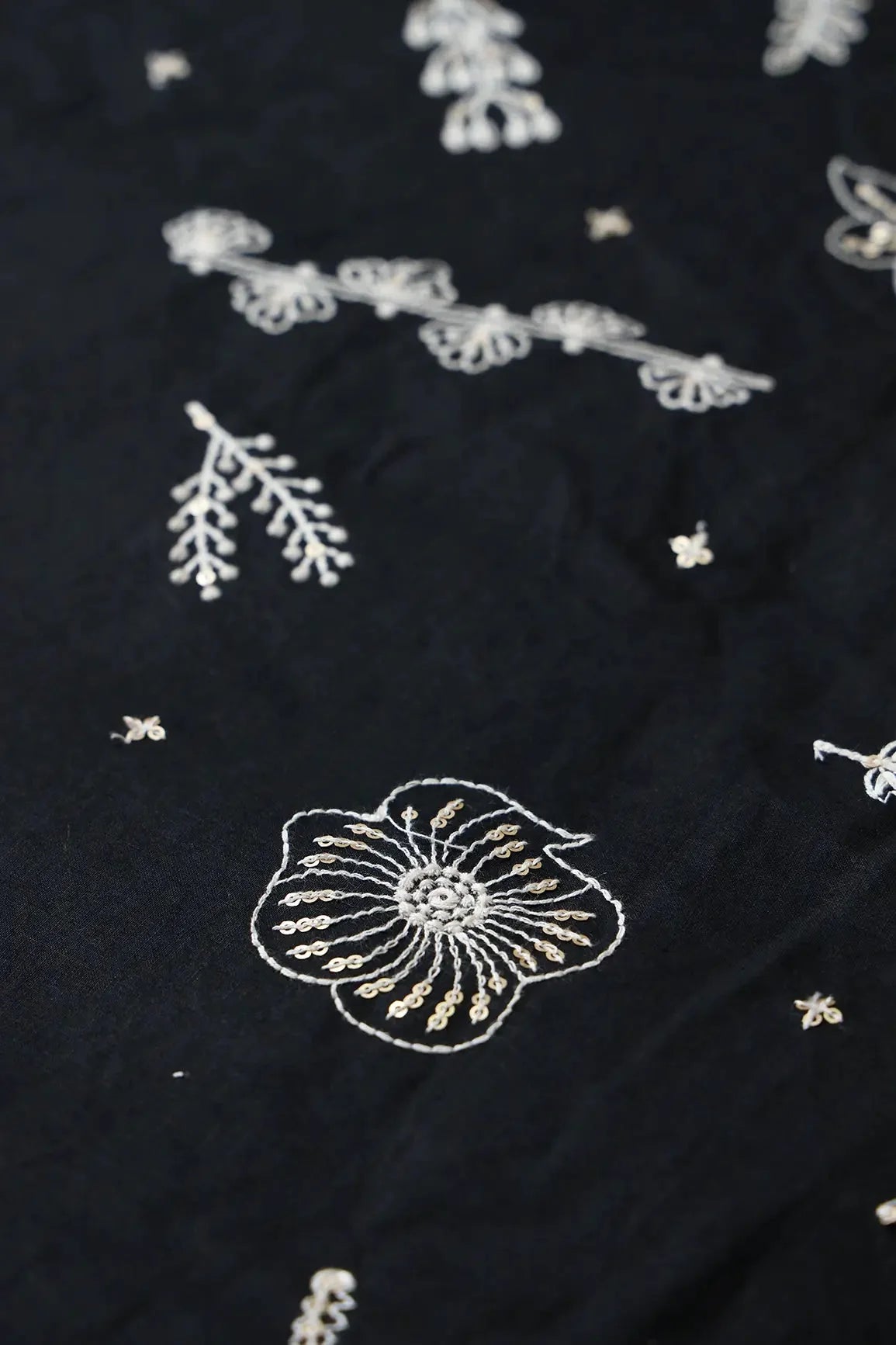 AIzaSyBcstauz-XMPRhEY21AUzeo032pxrXB5Ug - Cream Thread With Gold Sequins Floral Embroidery Work On Black Cotton Cambric Fabric