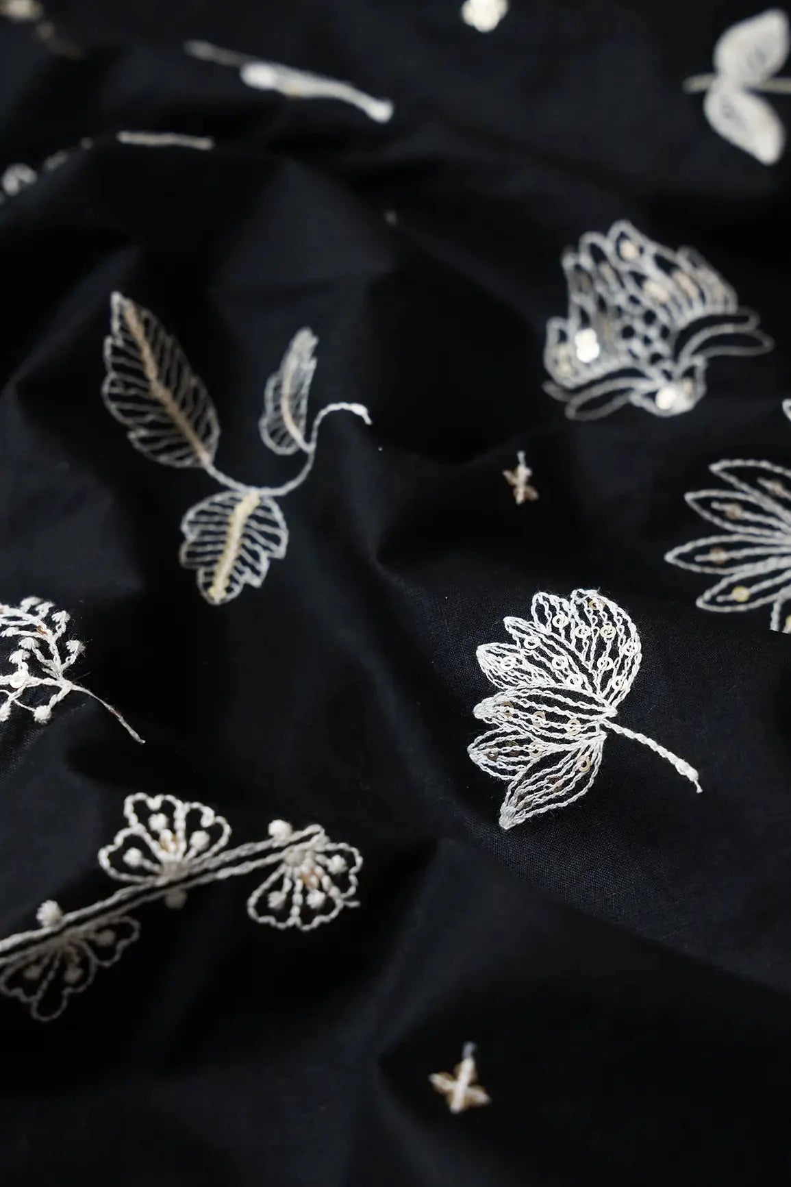 AIzaSyBcstauz-XMPRhEY21AUzeo032pxrXB5Ug - Cream Thread With Gold Sequins Floral Embroidery Work On Black Cotton Cambric Fabric