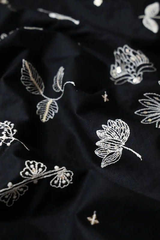 AIzaSyBcstauz-XMPRhEY21AUzeo032pxrXB5Ug - Cream Thread With Gold Sequins Floral Embroidery Work On Black Cotton Cambric Fabric