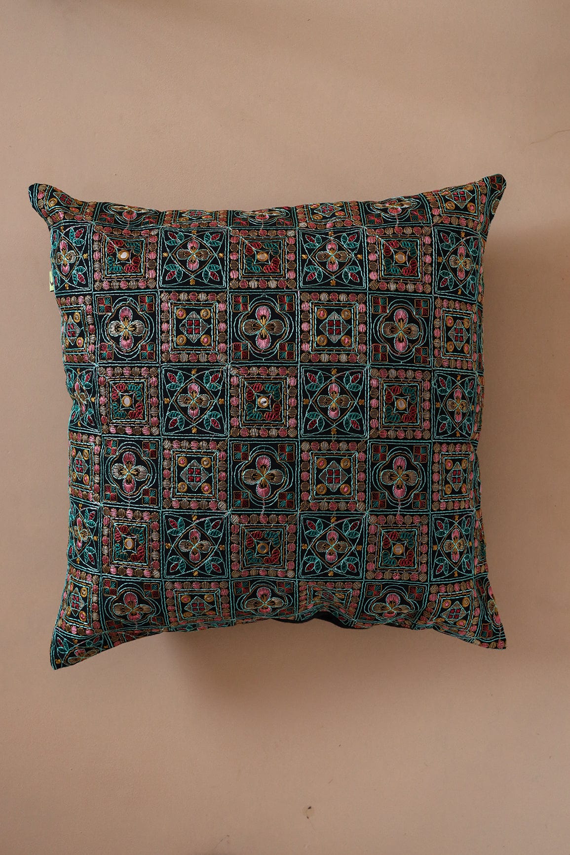 AIzaSyBcstauz-XMPRhEY21AUzeo032pxrXB5Ug - Cultural Multi-colour Embroidery on Black cotton Cushion Cover (16*16 inches)