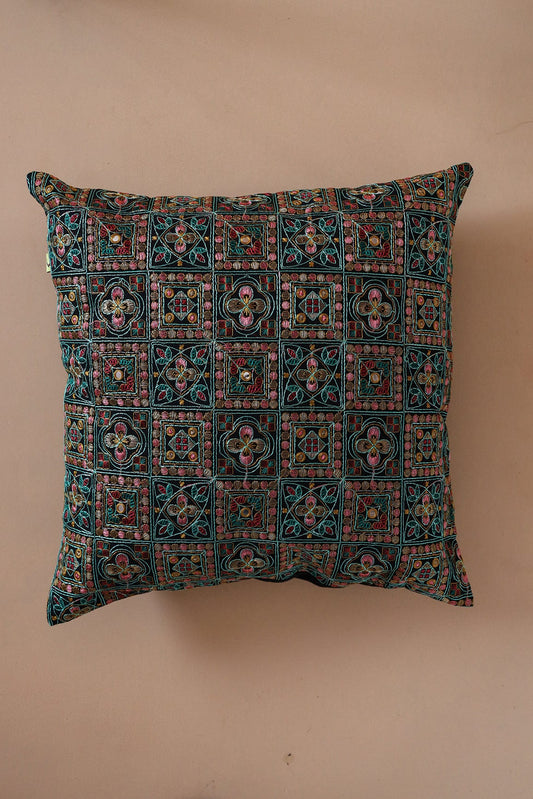 AIzaSyBcstauz-XMPRhEY21AUzeo032pxrXB5Ug - Cultural Multi-colour Embroidery on Black cotton Cushion Cover (16*16 inches)