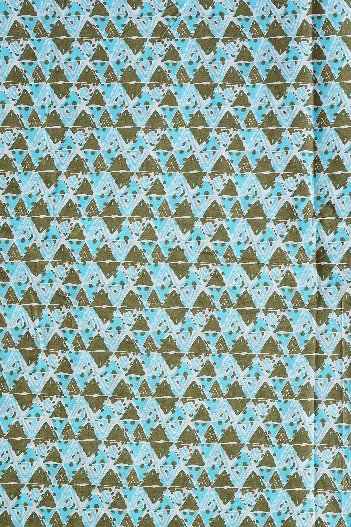 AIzaSyBcstauz-XMPRhEY21AUzeo032pxrXB5Ug - Dark Olive And Sky Blue Geometric Pattern Print On White Pure Cotton Fabric