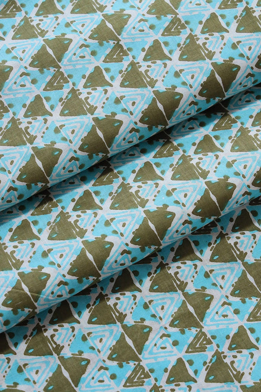 AIzaSyBcstauz-XMPRhEY21AUzeo032pxrXB5Ug - Dark Olive And Sky Blue Geometric Pattern Print On White Pure Cotton Fabric