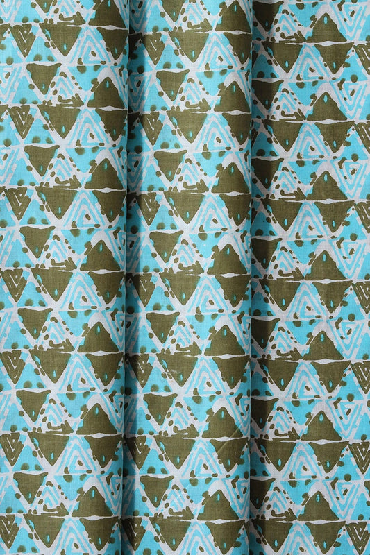 AIzaSyBcstauz-XMPRhEY21AUzeo032pxrXB5Ug - Dark Olive And Sky Blue Geometric Pattern Print On White Pure Cotton Fabric