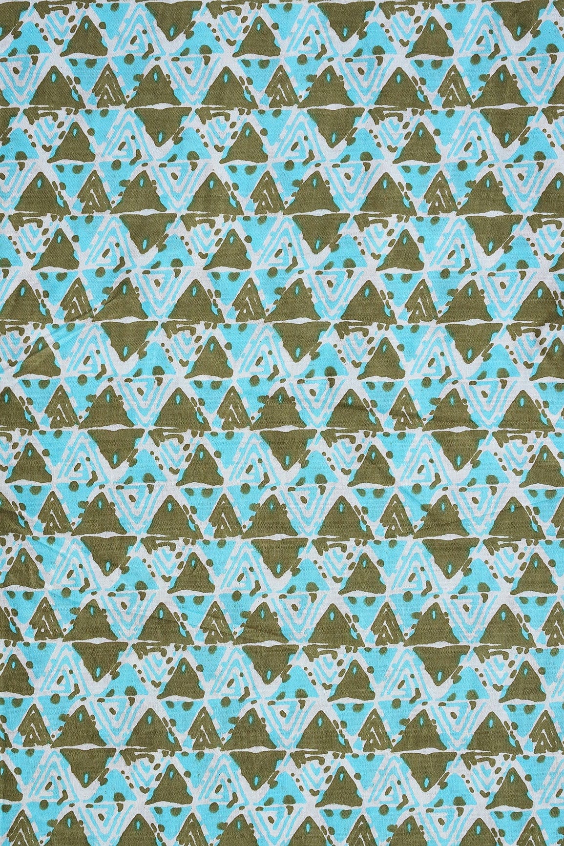 AIzaSyBcstauz-XMPRhEY21AUzeo032pxrXB5Ug - Dark Olive And Sky Blue Geometric Pattern Print On White Pure Cotton Fabric