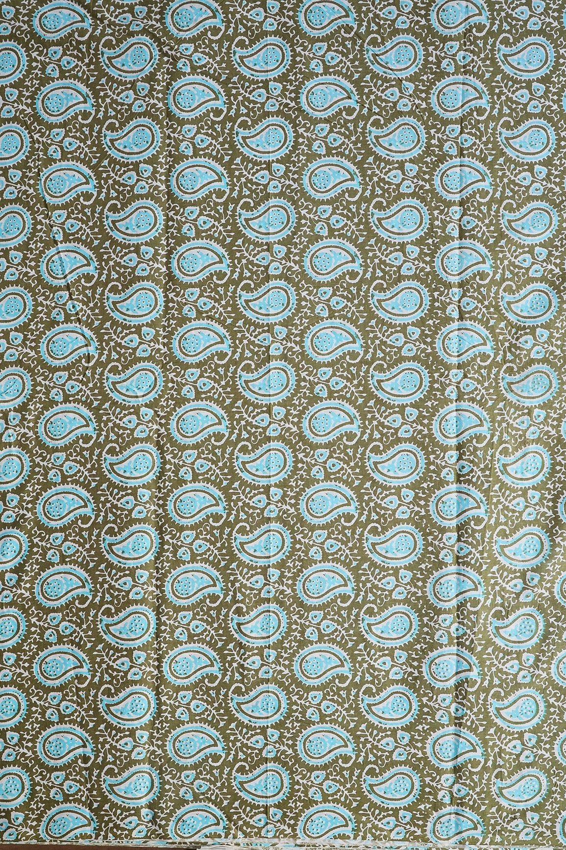 AIzaSyBcstauz-XMPRhEY21AUzeo032pxrXB5Ug - Dark Olive And Sky Blue Paisley Pattern Print On Pure Cotton Fabric