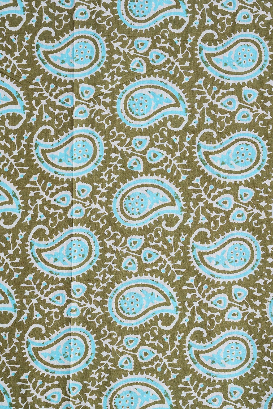 AIzaSyBcstauz-XMPRhEY21AUzeo032pxrXB5Ug - Dark Olive And Sky Blue Paisley Pattern Print On Pure Cotton Fabric