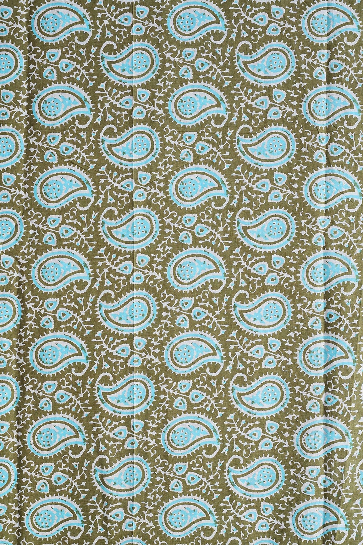 AIzaSyBcstauz-XMPRhEY21AUzeo032pxrXB5Ug - Dark Olive And Sky Blue Paisley Pattern Print On Pure Cotton Fabric