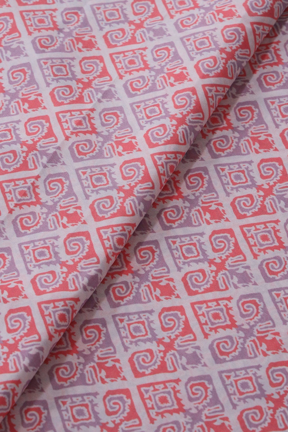 AIzaSyBcstauz-XMPRhEY21AUzeo032pxrXB5Ug - Dark Peach And Lavender Geometric Pattern Digital Print On French Crepe Fabric