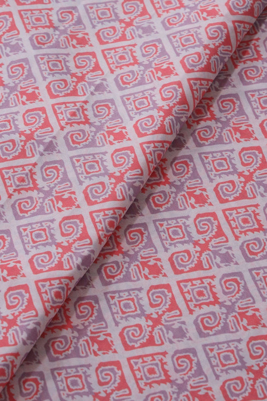 AIzaSyBcstauz-XMPRhEY21AUzeo032pxrXB5Ug - Dark Peach And Lavender Geometric Pattern Digital Print On French Crepe Fabric