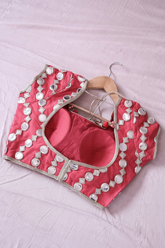 AIzaSyBcstauz-XMPRhEY21AUzeo032pxrXB5Ug - Dark Peach Foux Mirror With Gold Zari Embroidery Net Stitched Blouse