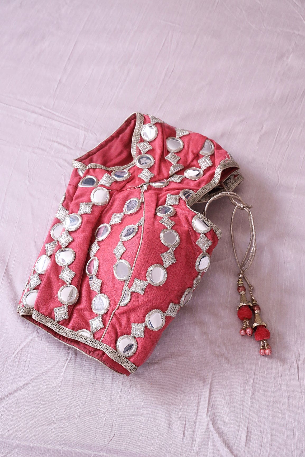 AIzaSyBcstauz-XMPRhEY21AUzeo032pxrXB5Ug - Dark Peach Foux Mirror With Gold Zari Embroidery Net Stitched Blouse