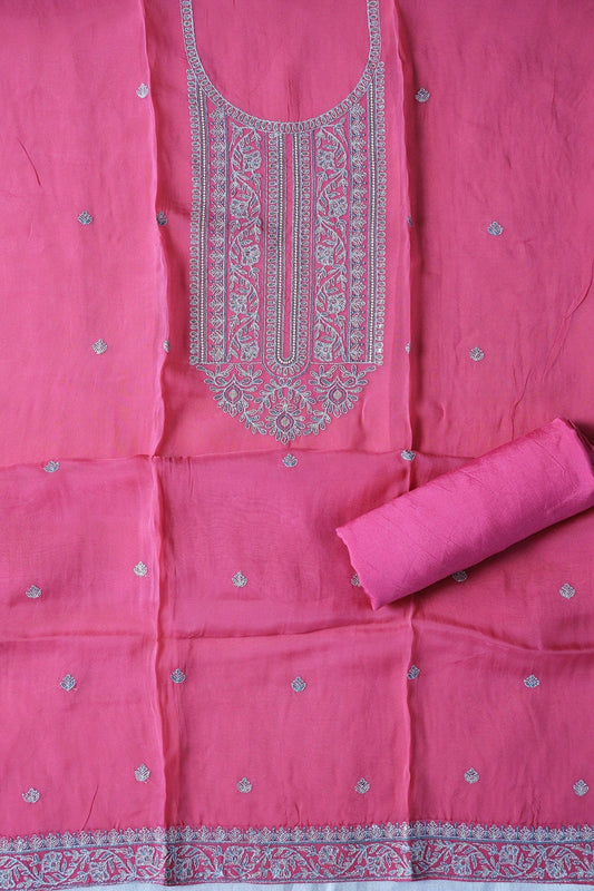 AIzaSyBcstauz-XMPRhEY21AUzeo032pxrXB5Ug - Dark Pink Semi Stitched Pure Organza Suit Set (3 piece)