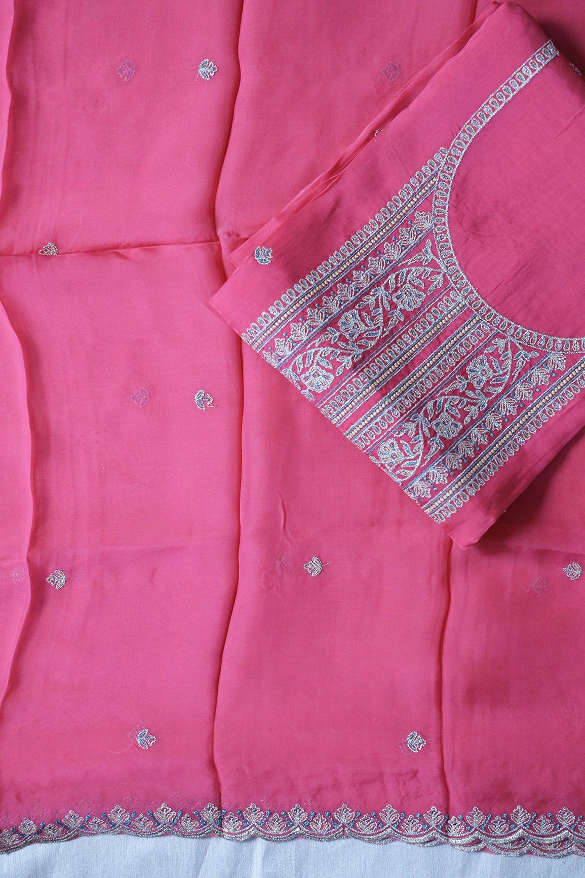 AIzaSyBcstauz-XMPRhEY21AUzeo032pxrXB5Ug - Dark Pink Semi Stitched Pure Organza Suit Set (3 piece)