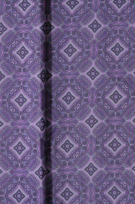 AIzaSyBcstauz-XMPRhEY21AUzeo032pxrXB5Ug - Dark Purple Traditional Pattern Digital Print On Purple French Crepe Fabric