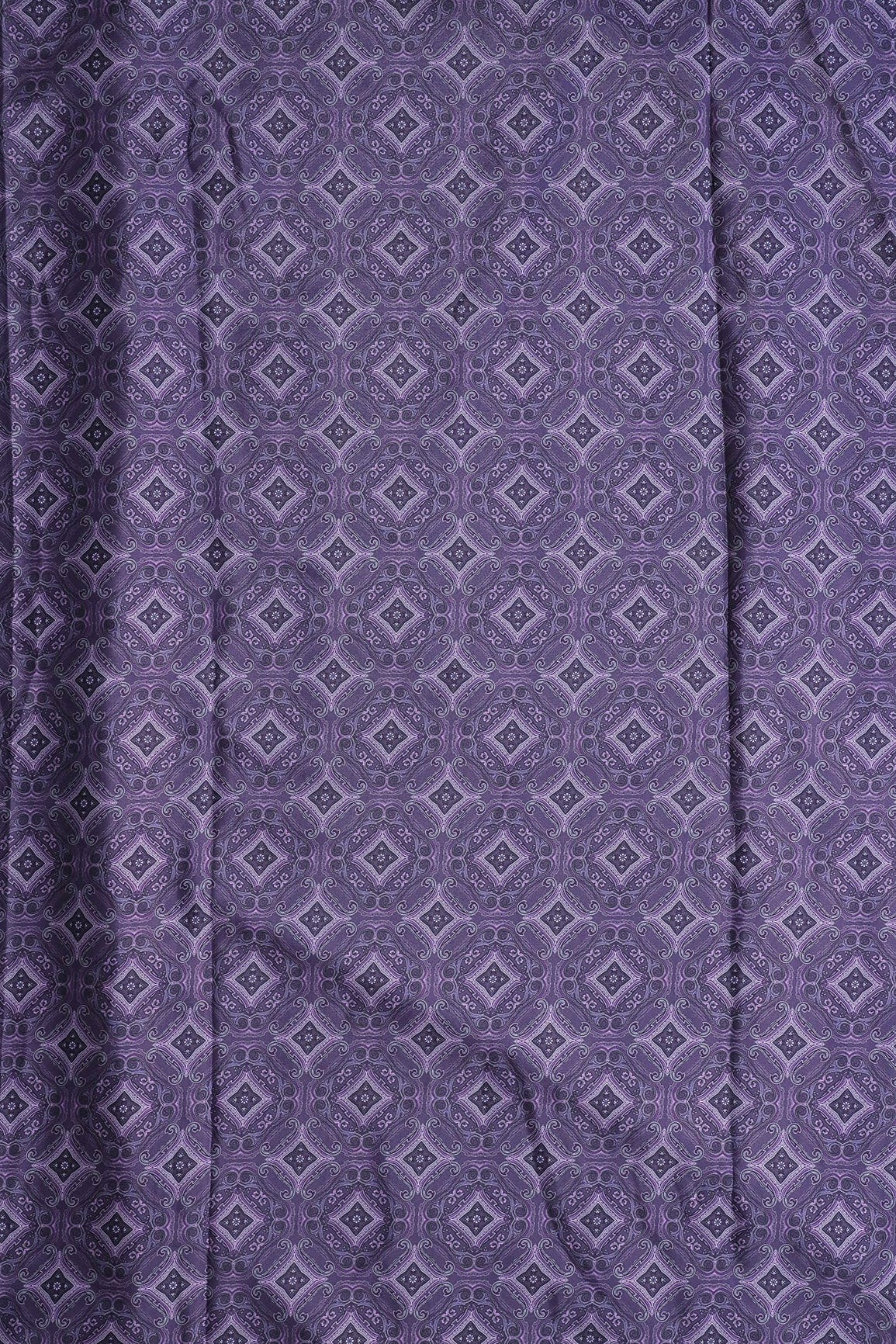 AIzaSyBcstauz-XMPRhEY21AUzeo032pxrXB5Ug - Dark Purple Traditional Pattern Digital Print On Purple French Crepe Fabric
