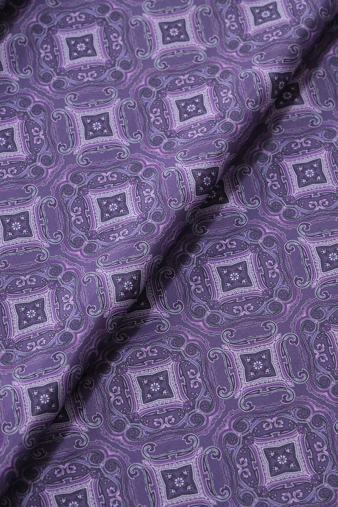 AIzaSyBcstauz-XMPRhEY21AUzeo032pxrXB5Ug - Dark Purple Traditional Pattern Digital Print On Purple French Crepe Fabric
