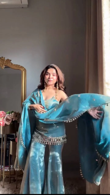 Aqua Elegance Mirror Work Sharara Set