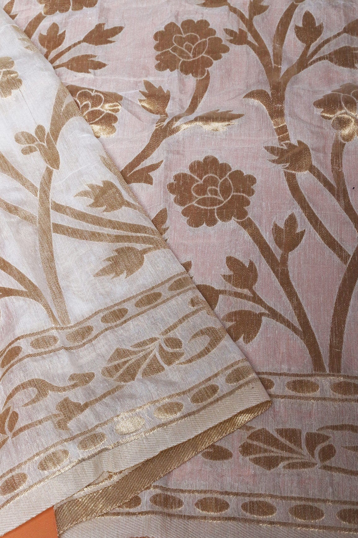 AIzaSyBcstauz-XMPRhEY21AUzeo032pxrXB5Ug - Floral Gold Zari Jacquard White Dyeable Chanderi Dupatta With Border