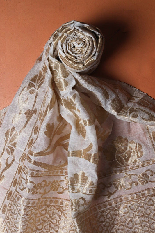 AIzaSyBcstauz-XMPRhEY21AUzeo032pxrXB5Ug - Floral Gold Zari Jacquard White Dyeable Chanderi Dupatta With Border