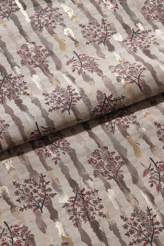 AIzaSyBcstauz-XMPRhEY21AUzeo032pxrXB5Ug - Dusty Brown And Light Beige Foil Floral Print On Viscose Chanderi Silk Fabric