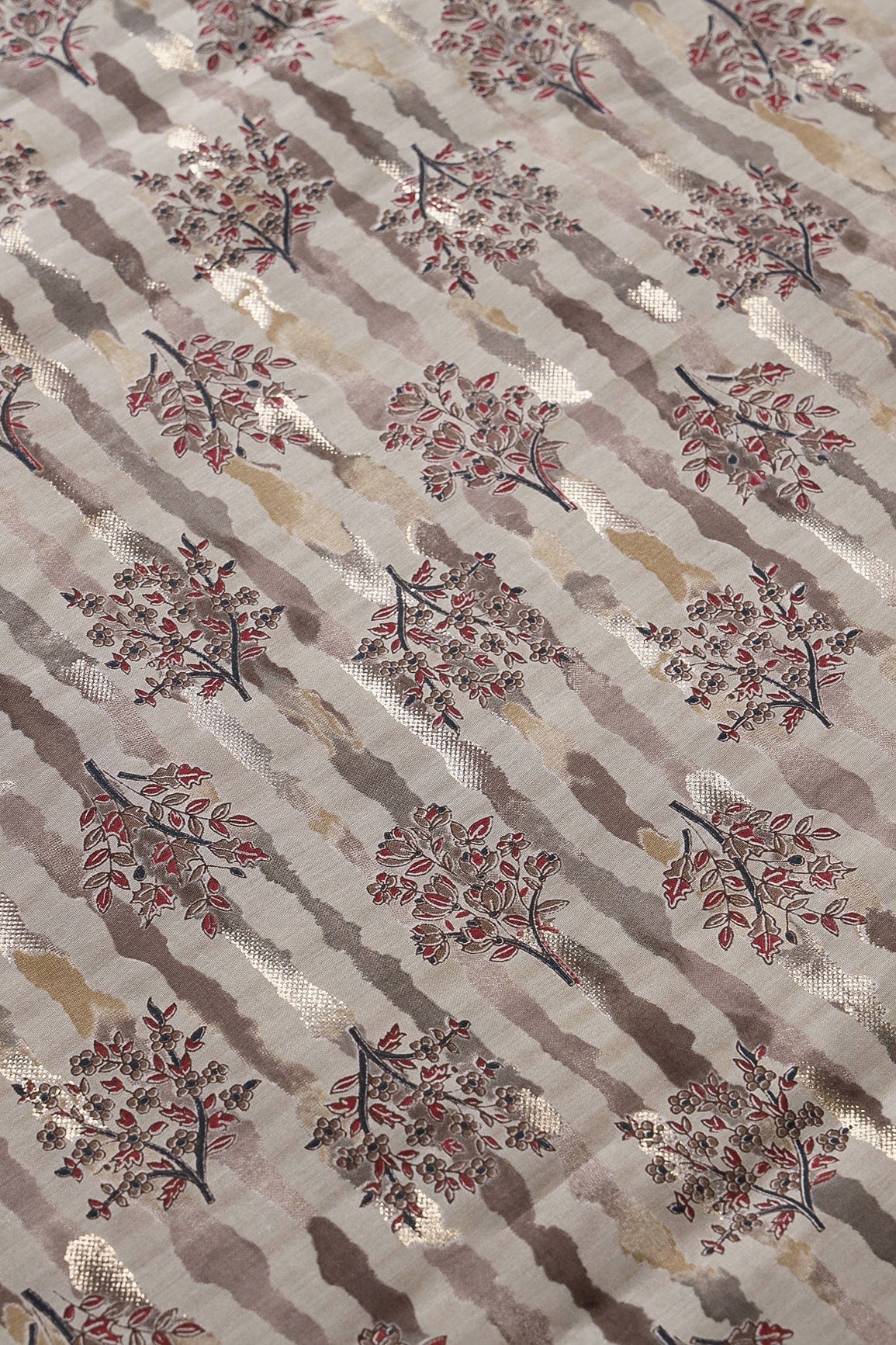 AIzaSyBcstauz-XMPRhEY21AUzeo032pxrXB5Ug - Dusty Brown And Light Beige Foil Floral Print On Viscose Chanderi Silk Fabric