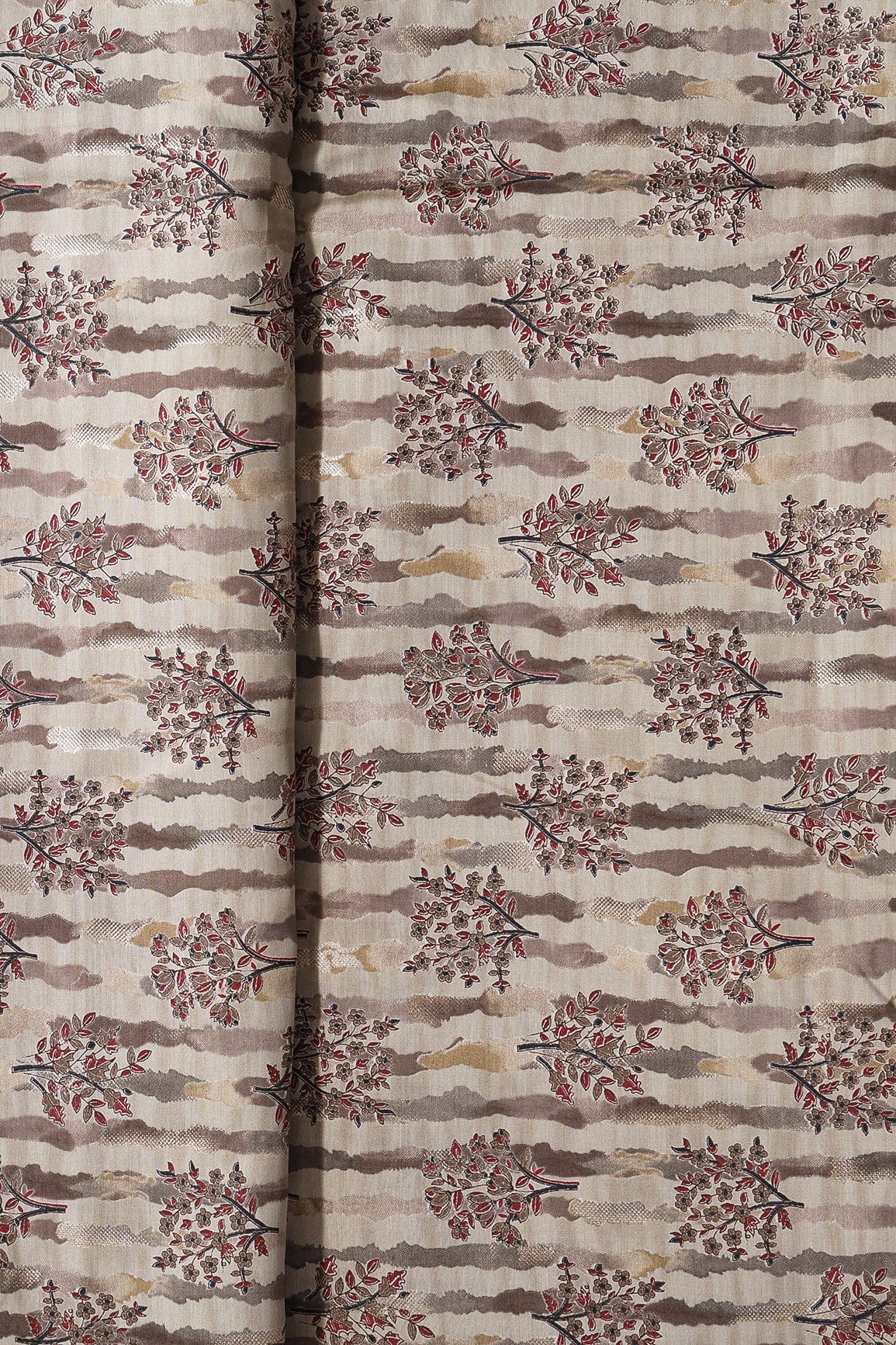 AIzaSyBcstauz-XMPRhEY21AUzeo032pxrXB5Ug - Dusty Brown And Light Beige Foil Floral Print On Viscose Chanderi Silk Fabric