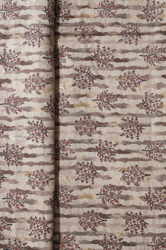 AIzaSyBcstauz-XMPRhEY21AUzeo032pxrXB5Ug - Dusty Brown And Light Beige Foil Floral Print On Viscose Chanderi Silk Fabric