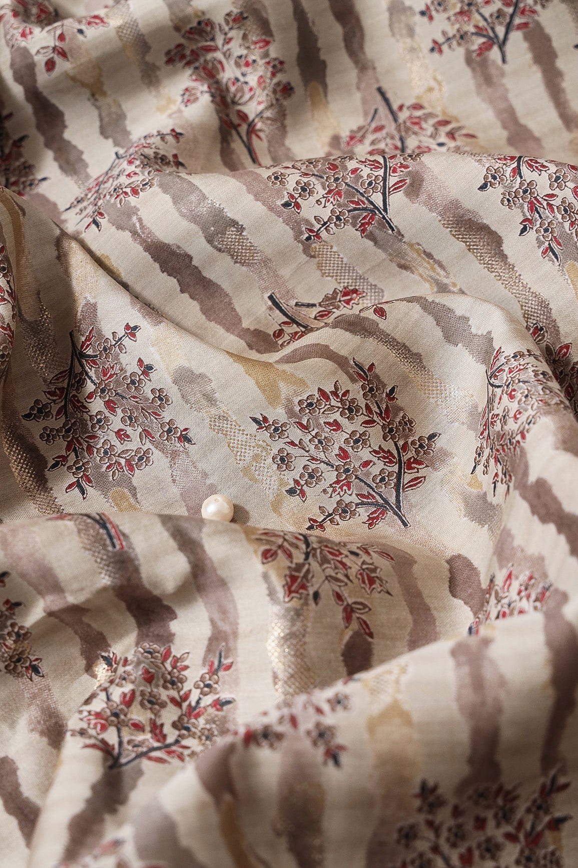 AIzaSyBcstauz-XMPRhEY21AUzeo032pxrXB5Ug - Dusty Brown And Light Beige Foil Floral Print On Viscose Chanderi Silk Fabric